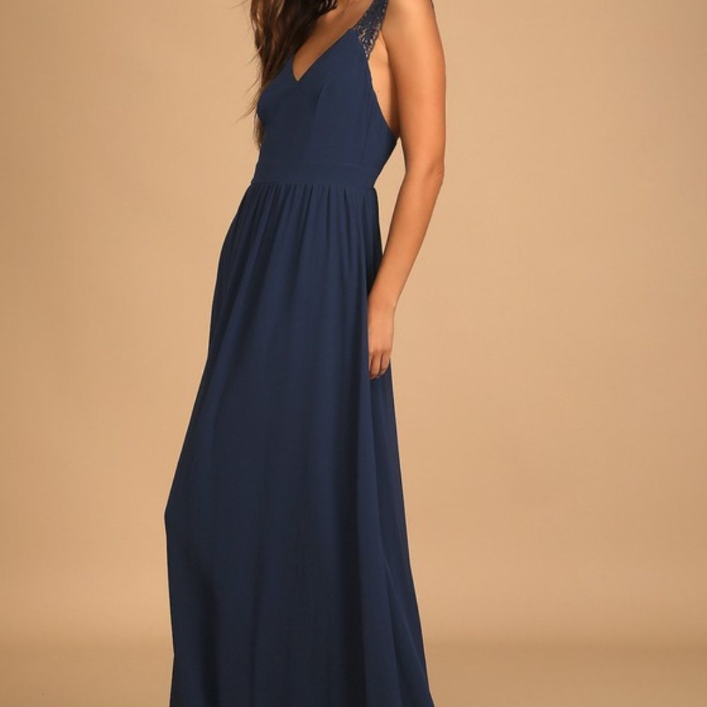 LULUS Passionate Promise Navy Blue Lace Strap V Neck Maxi Dress Size MED **NWT